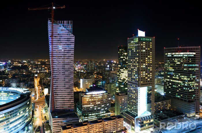 Canvas Panorama van het centrum van Warschau 's nachts