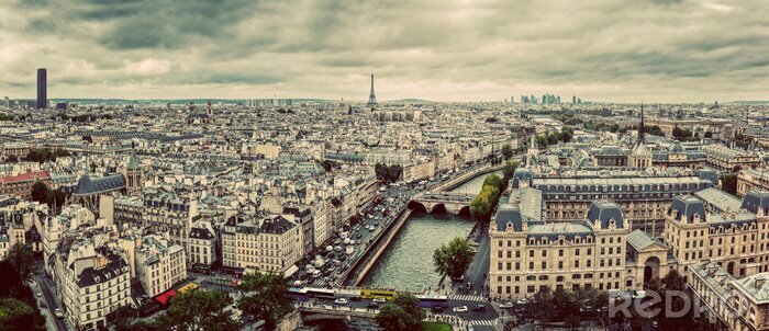 Canvas Parijs, Frankrijk panorama met Eiffeltoren, de rivier de Seine en bruggen. Wijnoogst