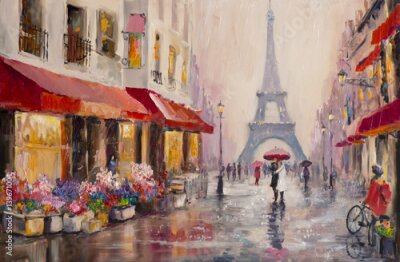 Canvas Parijs paar onder een rode paraplu