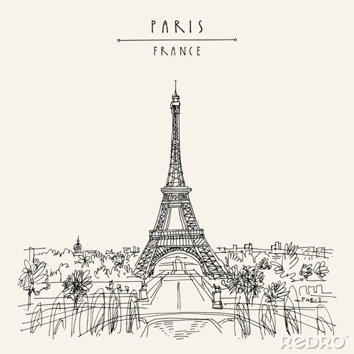 Canvas  Paris, France, Europe. Eiffel Tower. Artistic hand drawing in retro style. European travel sketch. Vintage hand drawn touristic postcard, poster or book illustration in vector