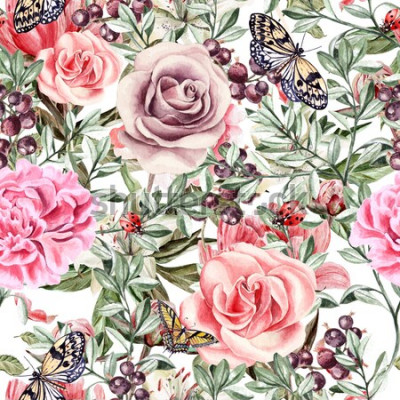 Canvas Patroon met aquarel realistische roos, pioenrozen, vlinders en planten. Illustratie.