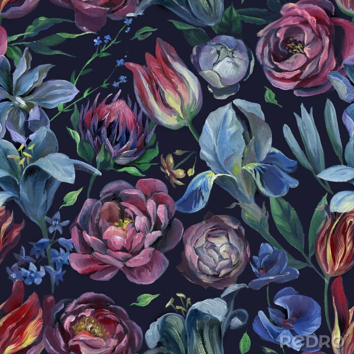 Canvas Patroon met balderen en bloemen op zwarte achtergrond