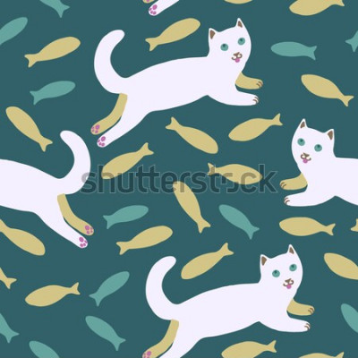 Canvas Patroon met katten en vissen