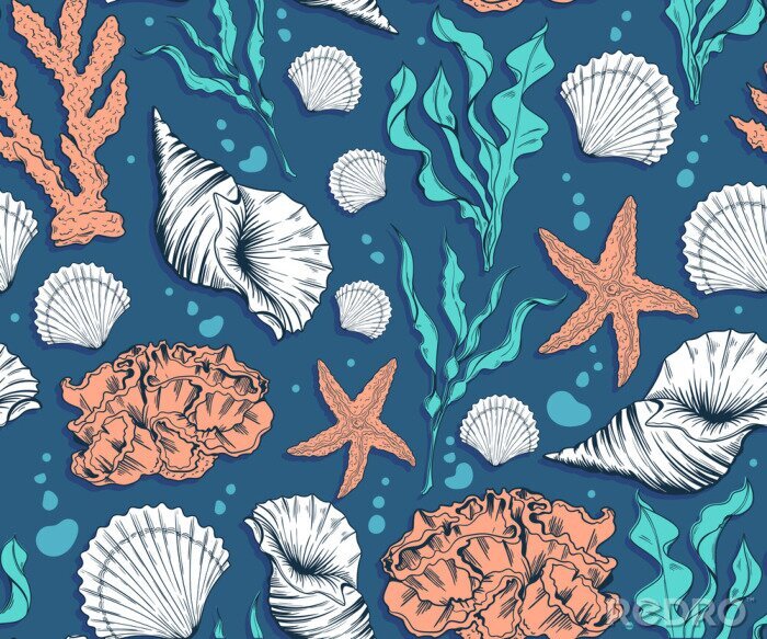 Canvas Patroon met koraalrif en schelpen