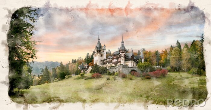 Canvas Peles Castle in Sinaia, Romania in watercolor style illustration. Landmark of Carpathian Mountains in Europe