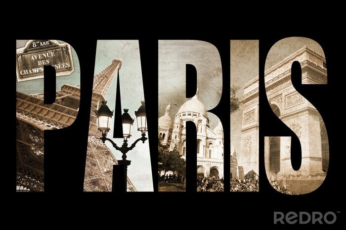 Canvas Photo collage letters PARIS, isolated on black background, vintage process