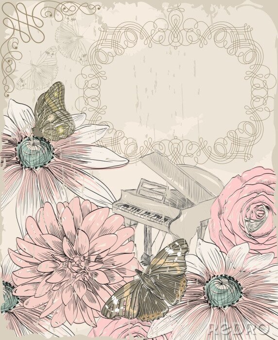 Canvas Piano, bloemen en vlinders
