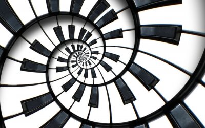 Canvas Piano toetsenbord gedrukte muziek abstracte fractale spiraal patroon achtergrond. Zwart-witte piano ronde spiraal. Trappenhuis