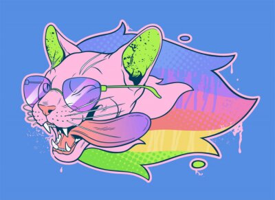 Canvas Pink cat head with glasses and rainbow. Can be use as T shirt print. Vector illustration.
