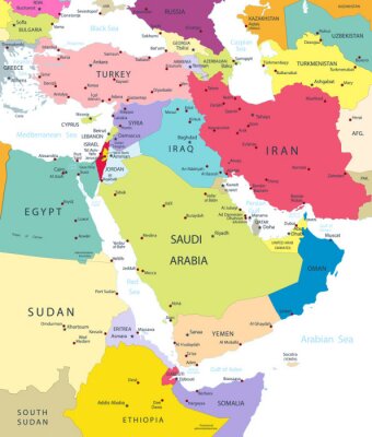 Canvas Politieke kaart van het Midden-Oosten en Azië Geïsoleerd Op Wit