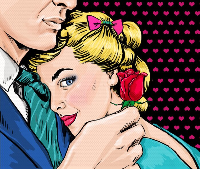 Canvas Pop Art paar. Love paar. Pop-art van de liefde. Valentijnsdag briefkaart. Hollywood-film scene. Echte liefde. Eerste kus. Filmposter. Comic book liefde. Roos. Vrouw en man. Ik hou van je. Ik mis je. M