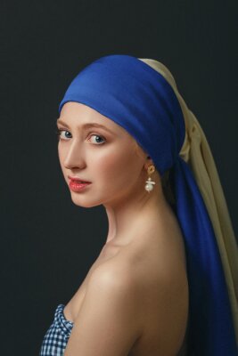 Canvas Portrait of a woman with a pearl earring, inspired by the painting of the great baroque and renaissance artist Jan Vermeer