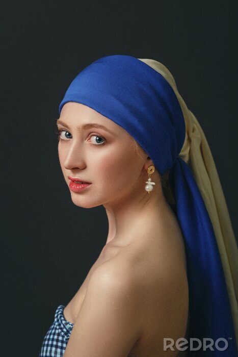 Canvas Portrait of a woman with a pearl earring, inspired by the painting of the great baroque and renaissance artist Jan Vermeer