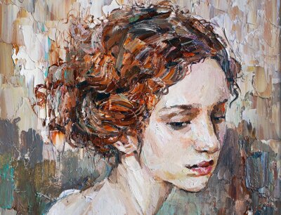 Canvas Portrait of a young, dreamy girl with curly brown hair. Oil painting on canvas.