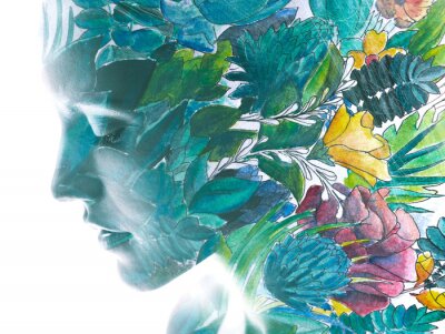 Portret van een vrouw met bladeren in haar haar