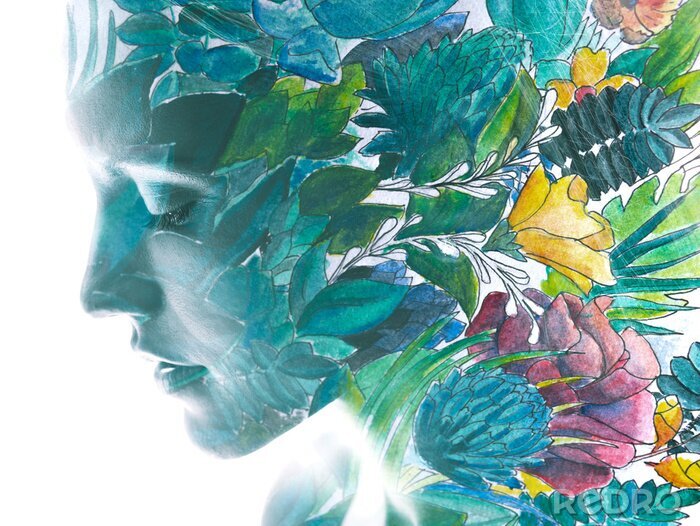 Canvas Portret van een vrouw met bladeren in haar haar