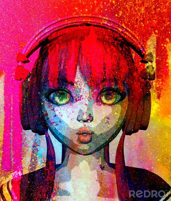 Canvas Portret van gelukkig animemeisje met hoofdtelefoon, het 3d teruggeven, pop-artstijl