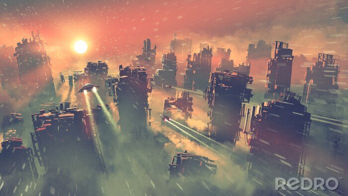 Canvas post apocalypse scenery showing of spaceships flying above abandoned skyscrapers, digital art style, illustration painting