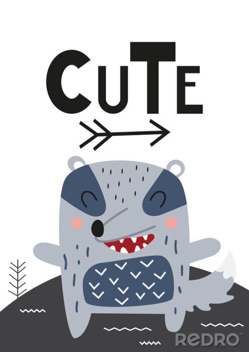 Canvas Poster for nursery scandi design with cute badger in Scandinavian style. Vector Illustration. Kids illustration for baby clothes, greeting card, wrapping paper. Lettering Cute.