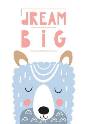 Canvas Poster for nursery scandi design with cute llama in Scandinavian style. Vector Illustration. Kids illustration for baby clothes, greeting card, wrapping paper. Lettering Big dream.