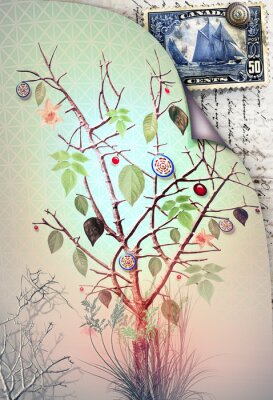 Canvas Postkaart met boom van de lente en het stempel