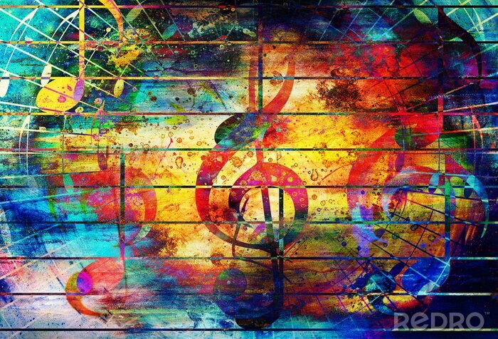 Canvas prachtige abstracte kleurrijke collage met muziek notities en de vioolsleutel.
