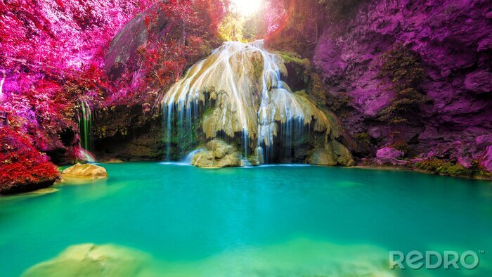 Canvas prachtige waterval met kleurrijke boom in Thailand