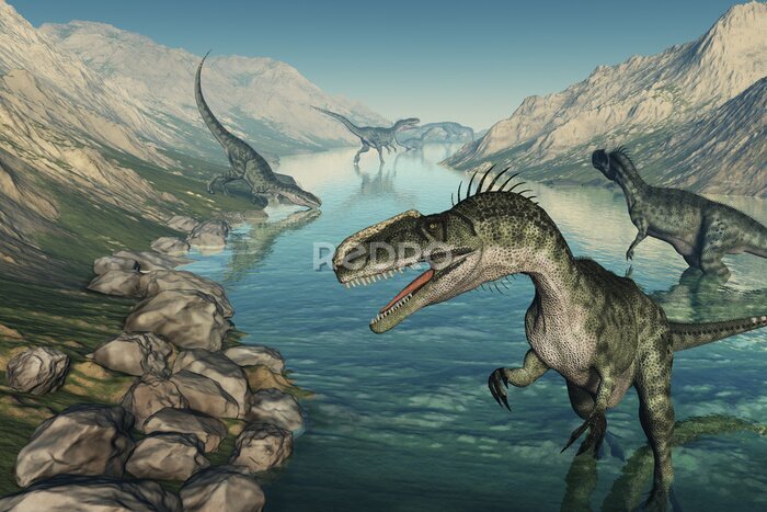 Canvas Prehistorische dinosaurussen in een rivier