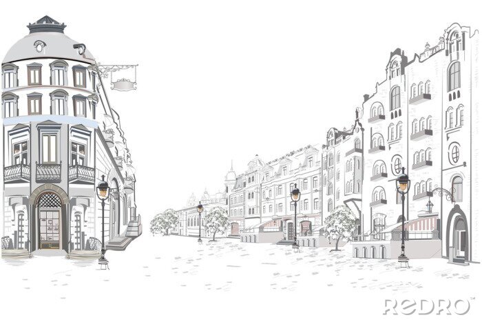 Canvas Reeks straatmeningen in de oude stad. Hand getrokken vector architecturale achtergrond met historische gebouwen.