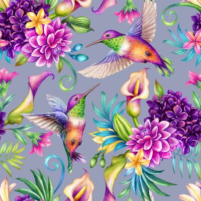 Canvas Regenboogvogels en kleurrijke bloemen