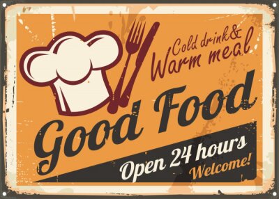 Restaurant teken ontwerp. Goed eten, koud drankje en warme maaltijd retro poster sjabloon met chef-kok hoed, mes en vork op oude roestige metalen textuur.
