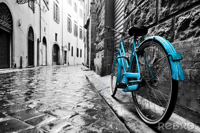 Canvas Retro blue bike on old town street.