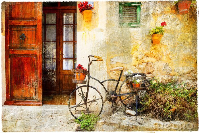 Canvas Retro fiets in een charmante straat