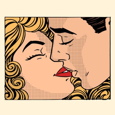 Canvas Retro kiss man en vrouw love paar