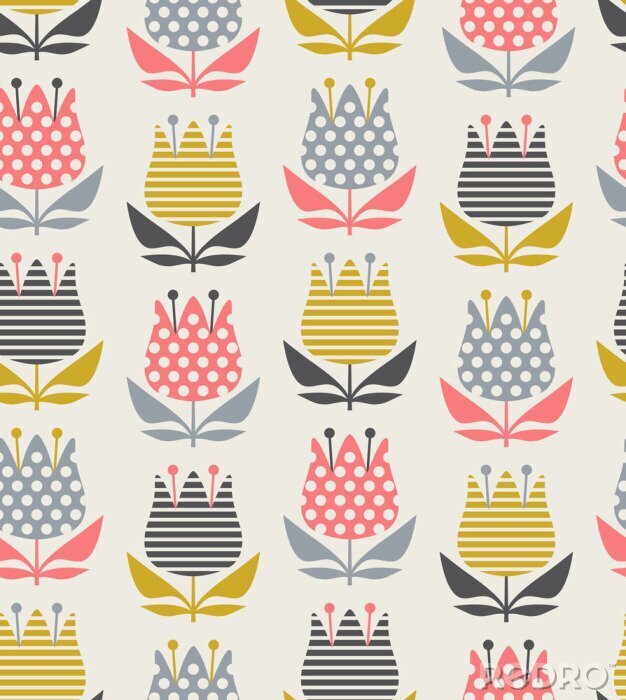 Canvas Retro Scandinavische bloemen met stippen en strepen