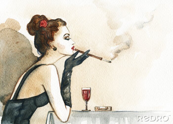 Canvas Retro vrouw portret met sigaret. aquarel illustratie