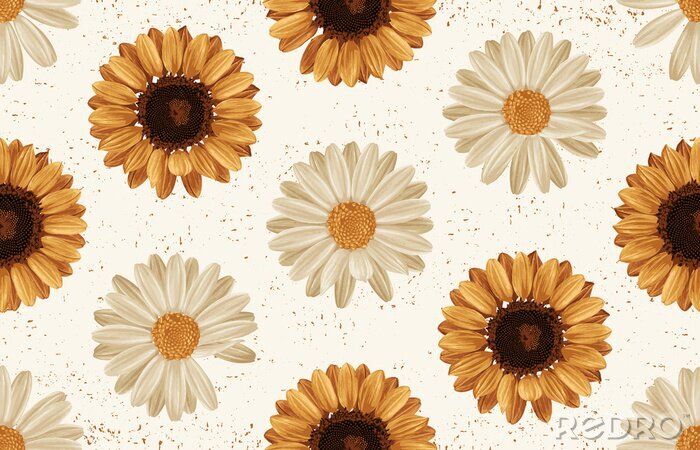 Canvas Retro zonnebloemen en madeliefjes