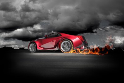Rode auto in rookwolken