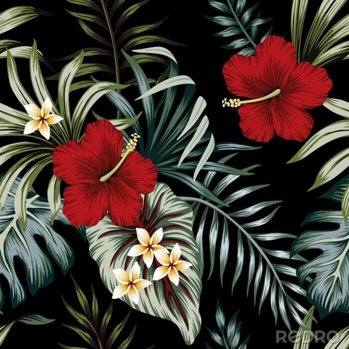 Canvas Rode en witte bloemen met tropische bladeren