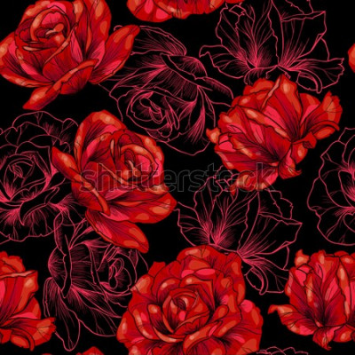 Canvas Rode rozen op zwarte achtergrond. Vector naadloos patroon