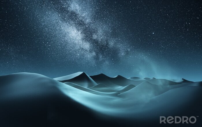 Canvas Rolling sand dunes at night with the milky way banding across the sky. Mixed media illustration.