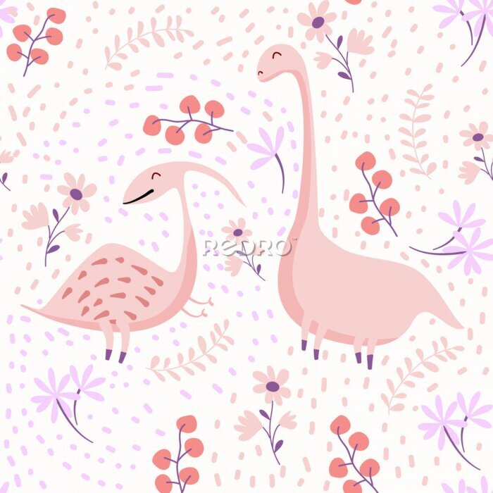 Canvas Roze dinosaurussen op een florale achtergrond
