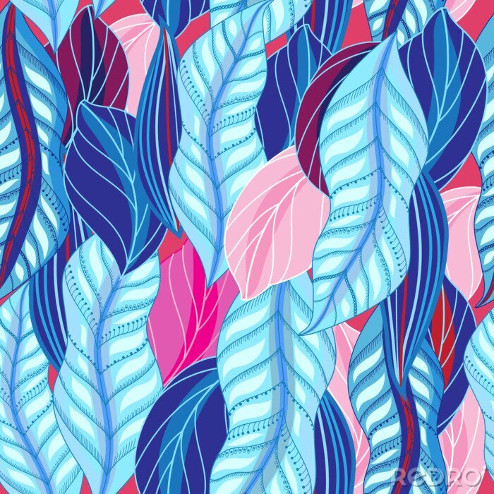 Canvas Roze en blauwe bladeren abstractie