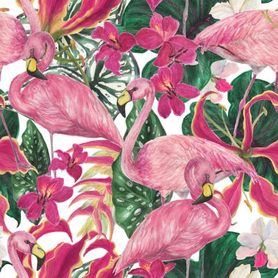 Behang Roze flamingo's met bloemen op een achtergrond van bladeren