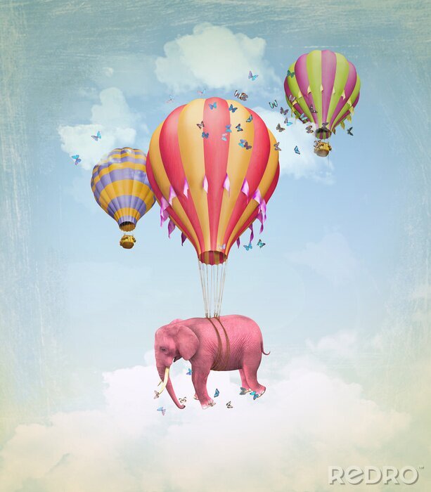 Canvas Roze olifant in de hemel met ballonnen. Illustratie