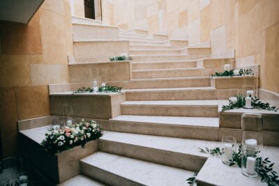Canvas Rustic wedding decor, decorated stairs white candles and fresh flowers