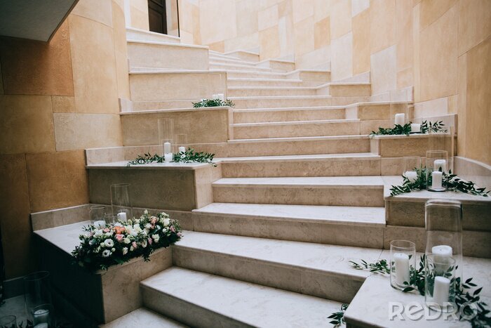 Canvas Rustic wedding decor, decorated stairs white candles and fresh flowers
