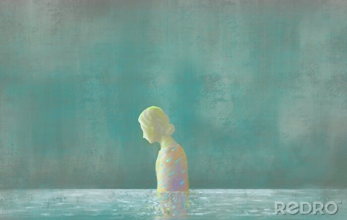 Canvas Sadness woman in water, surreal painting illustration