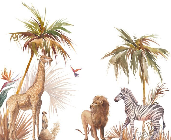 Canvas Safari wildlife wallpaper. Illustration with zebra, lion and giraffe. Watercolor animal and jungle flora on white background.