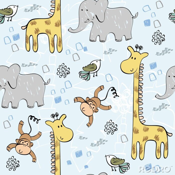 Canvas Safaridieren op een blauwe achtergrond met palmbomen